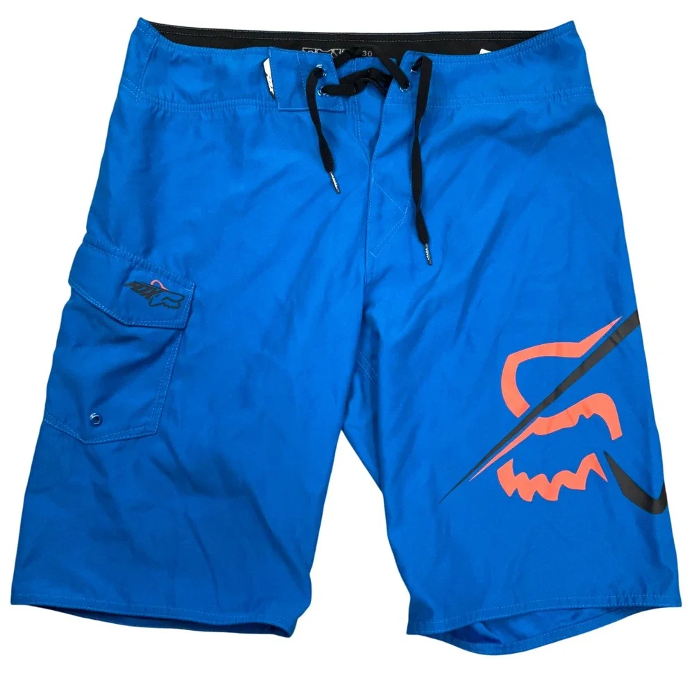 Fox Racing Board Shorts Men 30 Blue Graphic Logo Cargo Pocket Swimwear Trunks